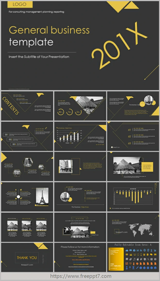 Màu đen và vàng luôn là sự lựa chọn hoàn hảo cho những thuyết trình nghiêm túc nhưng không kém phần sáng tạo. Bộ mẫu Powerpoint với gam màu này sẽ mang đến cho bạn những slide độc đáo và thu hút khán giả một cách tuyệt vời.