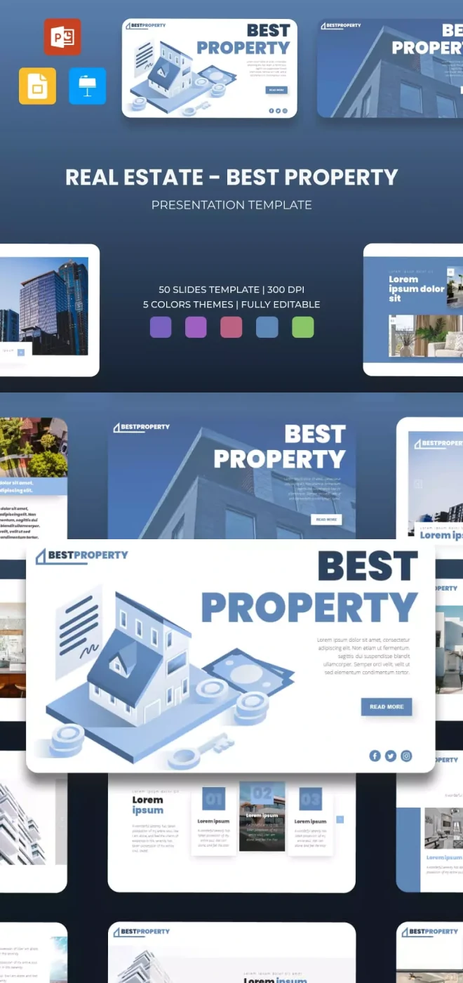 5 - Best Property Real Estate Presentation Template_ 50 Slides PPTX, KEY, Google Slides